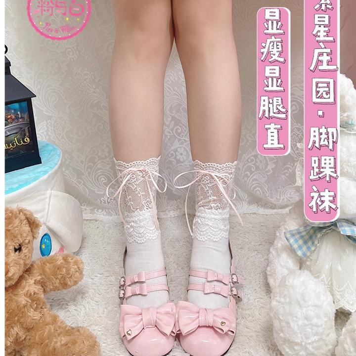 日系lolita袜子白色少女显瘦显腿甜美蕾丝透气薄款精致丝带小腿袜