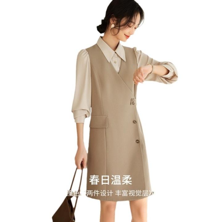 法式复古小西装长袖连衣裙2024春季宽松显瘦假两件显瘦裙通勤