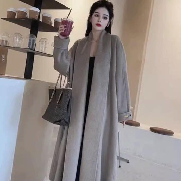 秋冬新款双面绵羊毛大衣女系带大翻领毛呢外套阔版长款