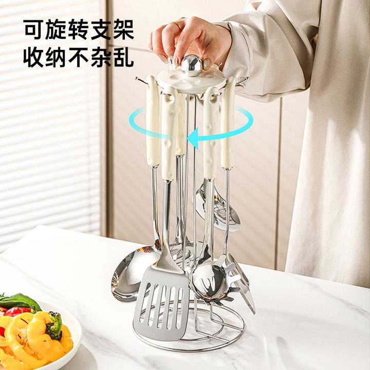 不锈钢锅铲家用厨房炒菜加厚铁铲煎铲漏勺陶瓷手柄防烫厨具套装