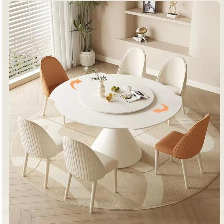 新款方圆两用餐桌轻奢纯白岩板白色旋转餐桌小蛮腰底座餐桌椅家用