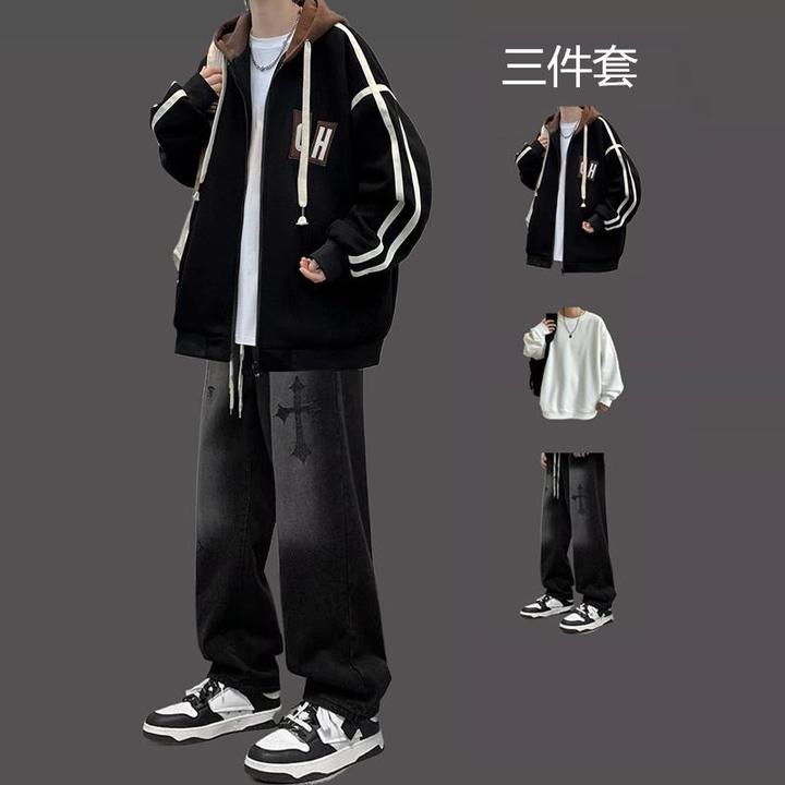 冬日港风开衫连帽卫衣套装青少年休闲潮流外套男装搭配男生外套