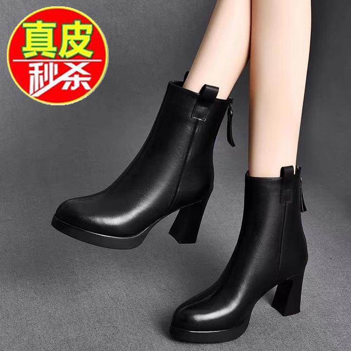 品牌断码真皮高跟短靴女棕色皮鞋加绒马丁靴女鞋秋冬防水台中筒靴