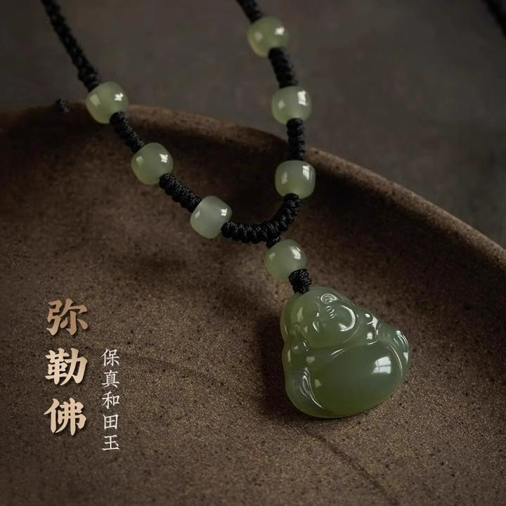 天然和田玉项链大肚佛弥勒佛平安编织黑绳女锁骨链闺蜜吊坠礼物