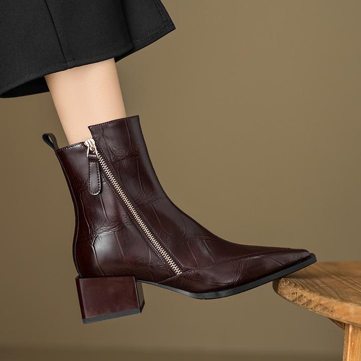 5CM牛皮/跟高秋季时尚粗跟纯色时装靴时装靴女士牛皮方头粗跟黑色