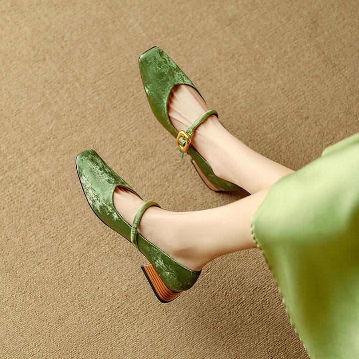 3CM，牛皮夏季浅口女单鞋软底方头休闲鞋粗跟高跟鞋方头粗跟高跟鞋