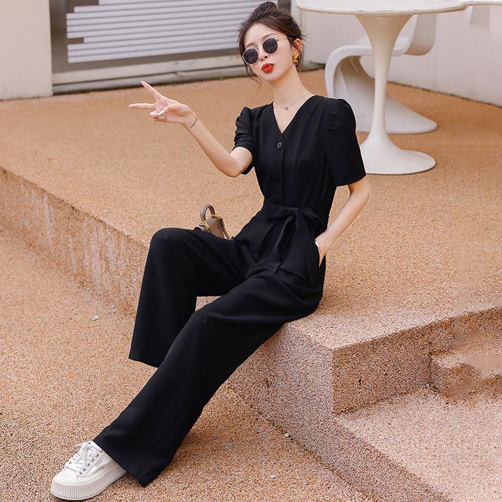 夏季阔腿连体裤显瘦法式时尚休闲小个子黑色气质高腰垂感宽松118