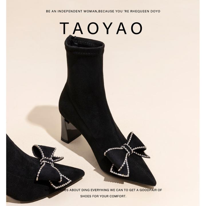 网红瘦瘦靴短靴女黑色绒面水钻新款尖头细跟弹力靴高跟加绒袜靴