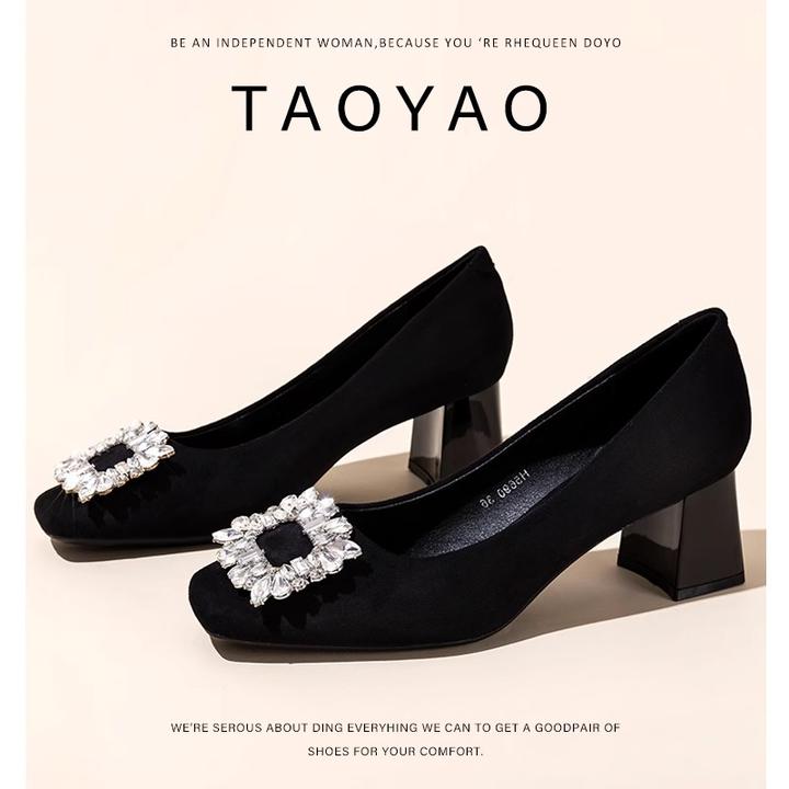 黑色职业粗跟高跟鞋女2024新款秋冬方头水钻气质百搭舒适低跟单鞋