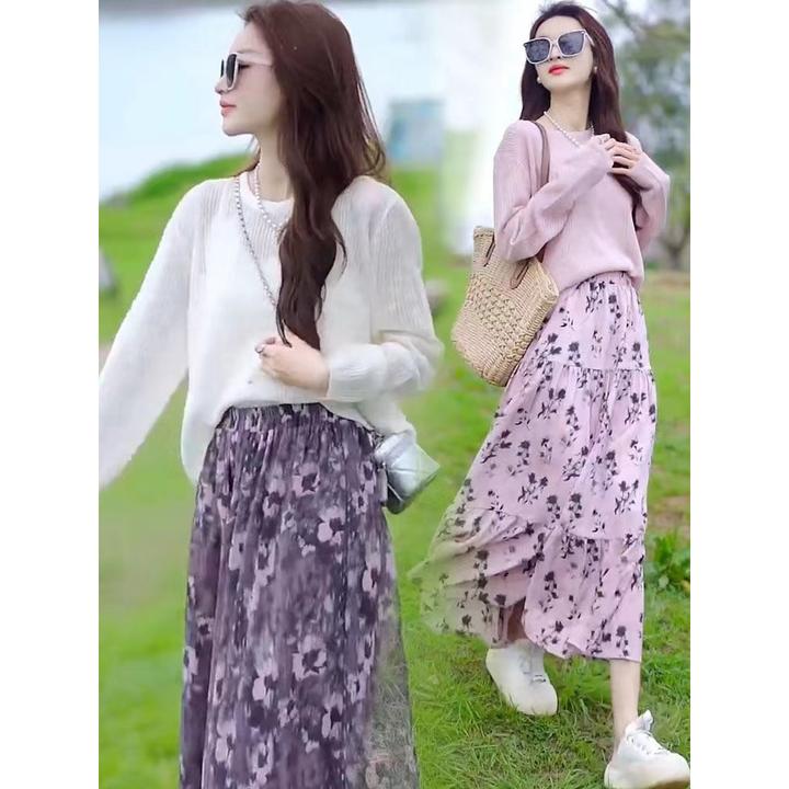 长袖薄款衫碎花半身长裙套装女2024新款春秋显瘦洋气两件简约款式