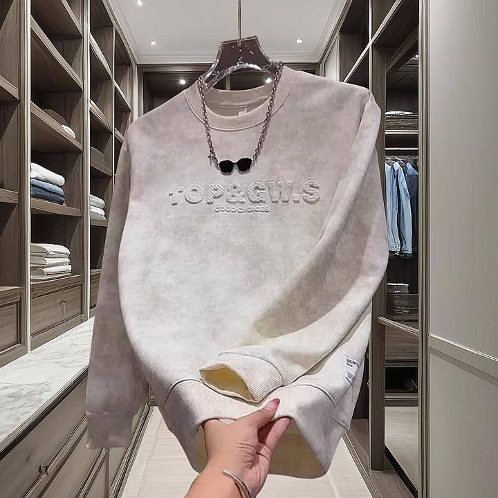 加绒卫衣字母钢印保暖男士长袖时尚休闲百搭潮流修身加绒圆领