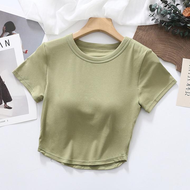 女夏季打底衫带胸垫免文胸短袖T恤露脐短款瑜伽运动外穿内搭衣878