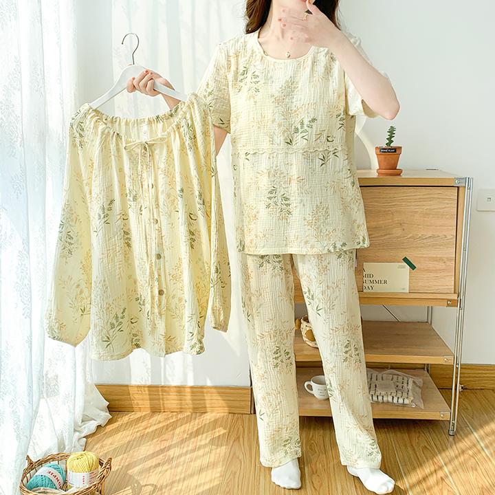 胸垫纯棉纱布月子服住院待产长款孕妇睡衣薄款产妇产后哺乳三件套