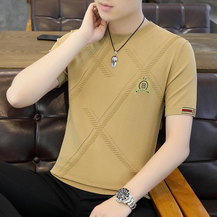 2023男士新款夏季潮流圆领修身休闲时尚韩版薄款百搭帅气针织短袖