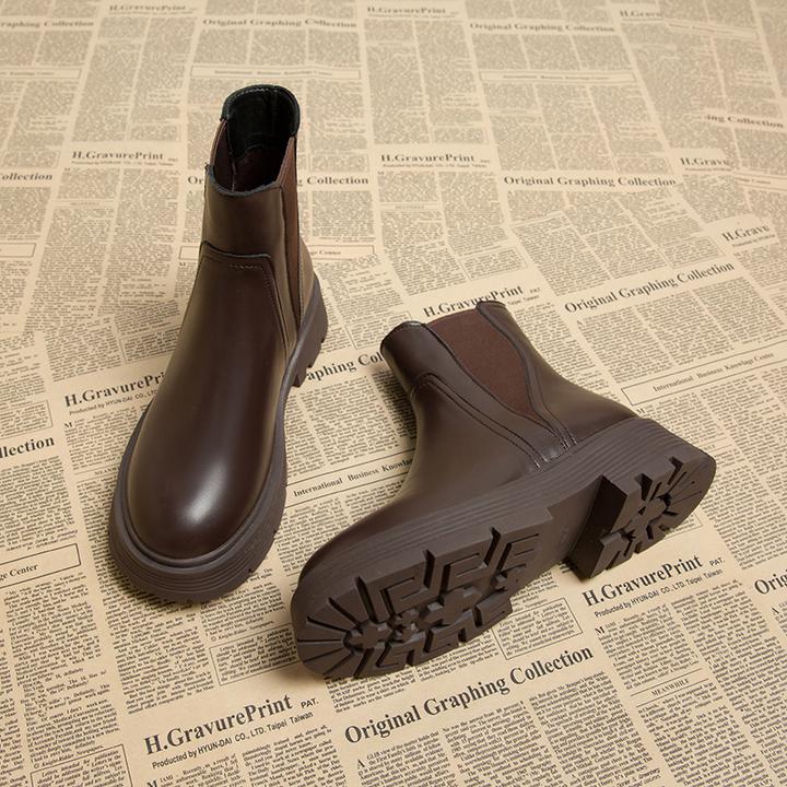 切尔西短靴女2025年秋季新款英伦风烟筒粗跟棕色短筒高跟马丁靴子