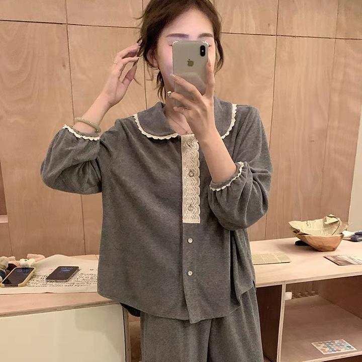 睡衣女棉春秋冬季可爱小翻领花边甜美减龄娃娃衫可外穿韩版家居服