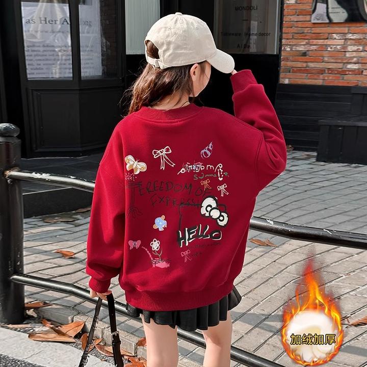 红色卫衣女童加绒秋冬2024新款儿童kt猫衣服女大童冬季蝴蝶结上衣