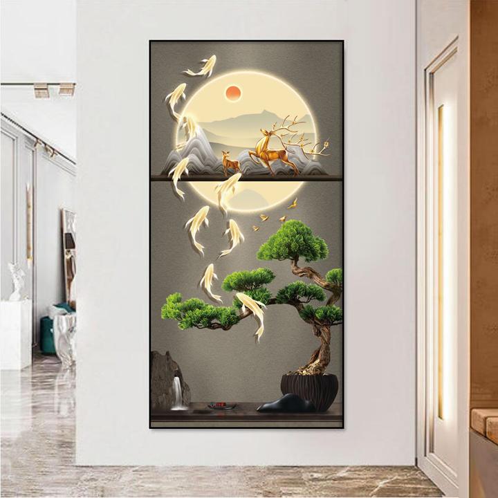 迎客古松现代奢华玄关装饰画家居走廊过道晶瓷晶钻面