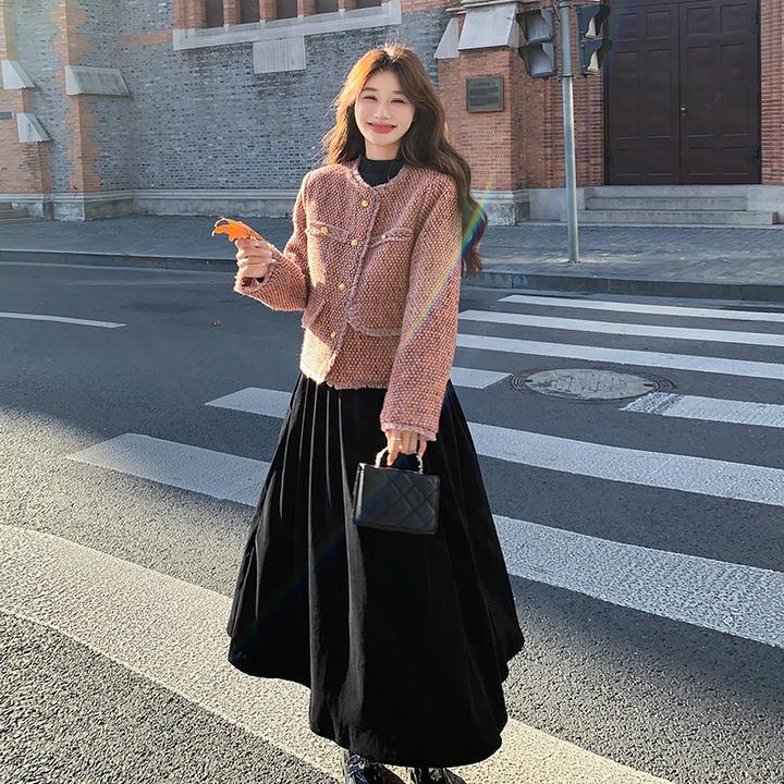 小香风流苏粗花呢外套连衣裙套装女春秋新款法式设计感长裙两件套