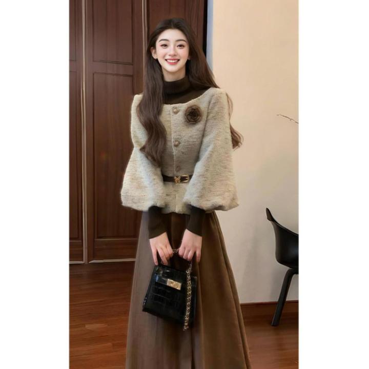 大码胖mm气质名媛小香风长袖开衫外套上衣女秋冬收腰半身裙两件套