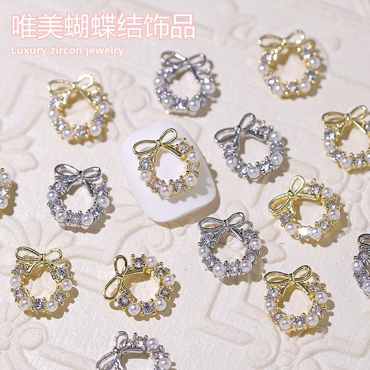 美甲饰品网红爆款高级感圣诞花环蝴蝶结锆石超闪指甲金属水钻