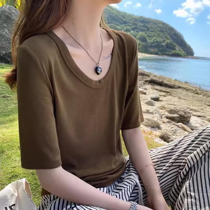 纯棉短袖T恤女夏季宽松2025新款纯色V领半袖体恤显瘦低领薄款上衣
