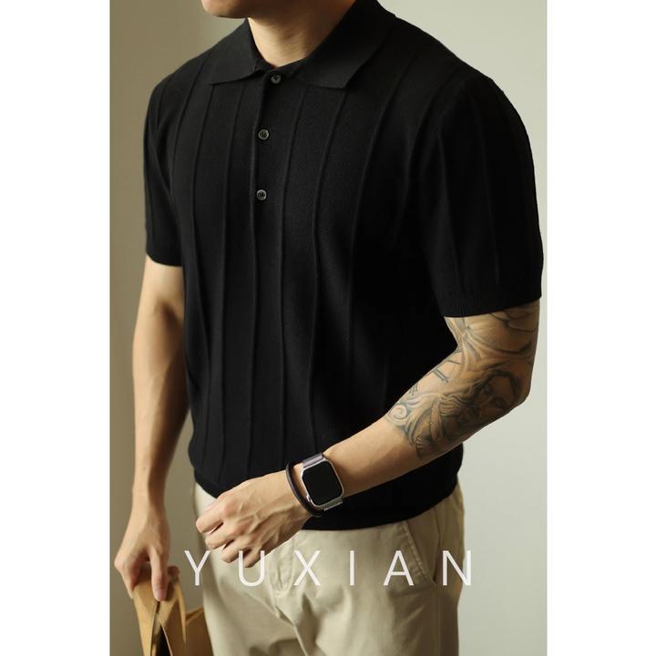 2025提花复古轻奢针织POLO衫短袖美式男士T恤轻熟纯色基础春夏