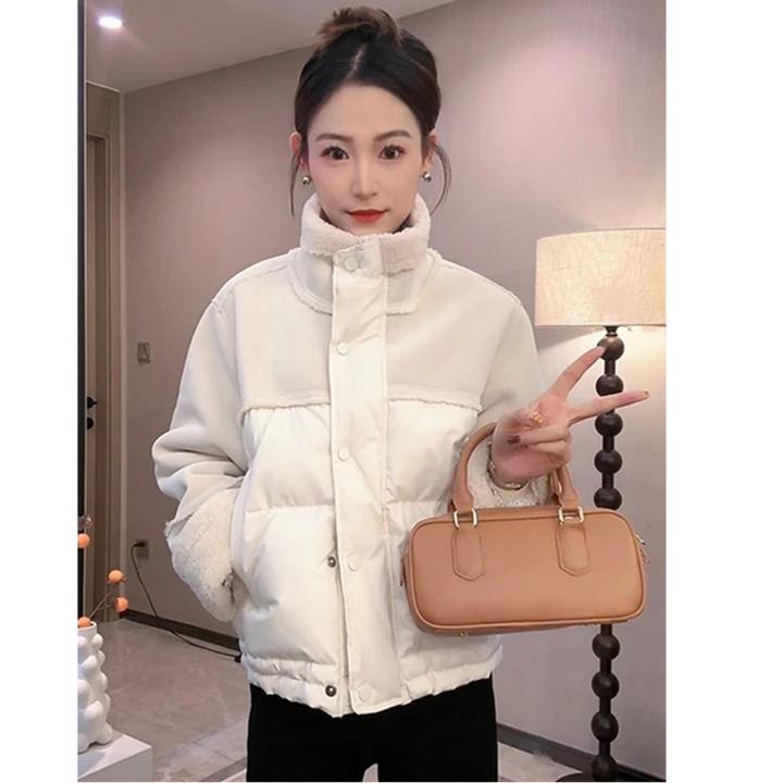 短款拼接夹棉加厚显瘦棉服外套女冬季新款2024小个子皮毛一体棉衣