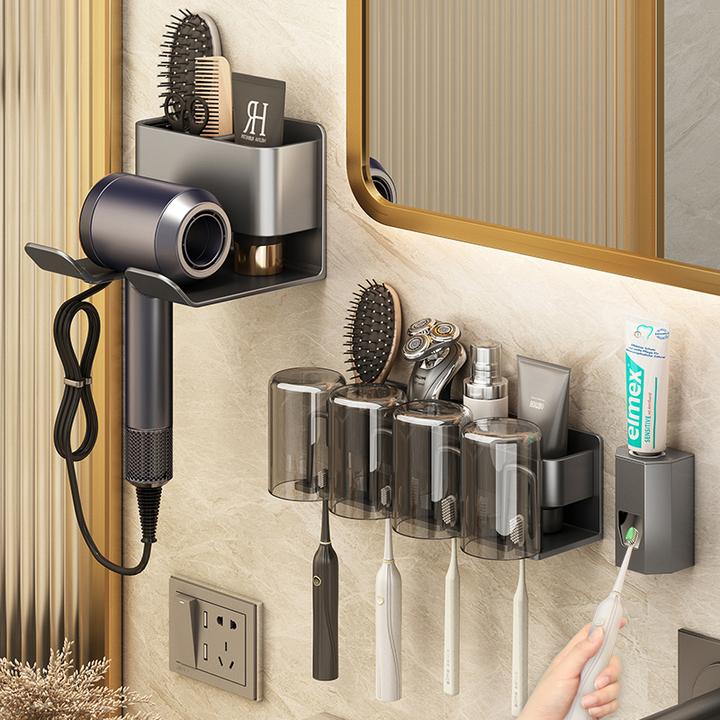 卫生间牙刷牙膏置物吹风机一体免打孔壁挂式浴室风筒挂架收纳架子