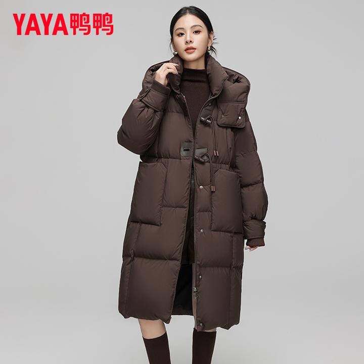 YAYA/鸭鸭咖色羽绒服女2024新款冬季时尚中长款保暖休闲连帽外套