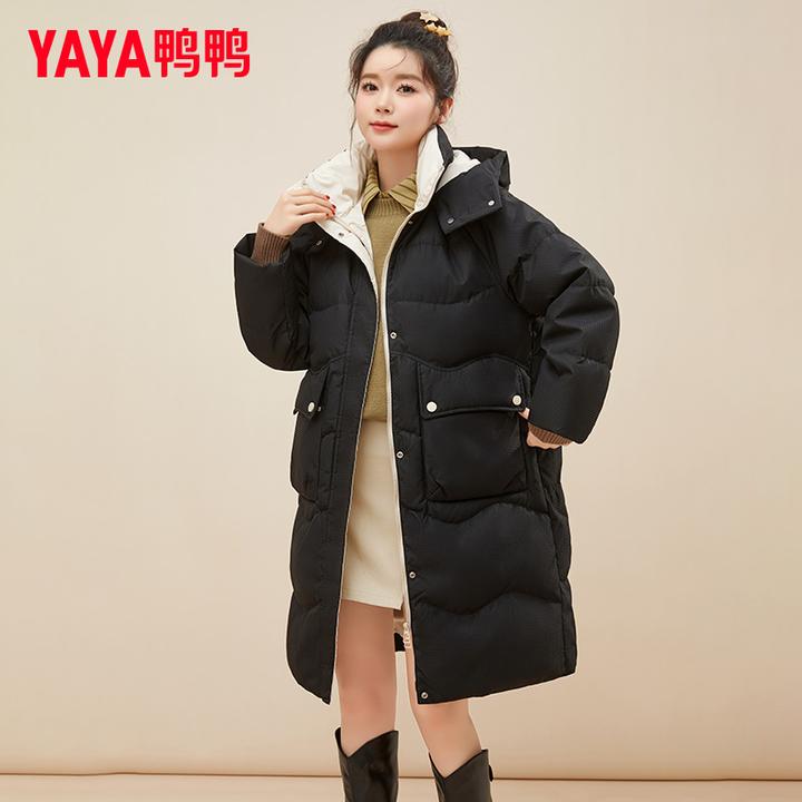 YAYA/鸭鸭羽绒服女2024冬新品中长款连帽时尚韩版休闲加厚外套潮