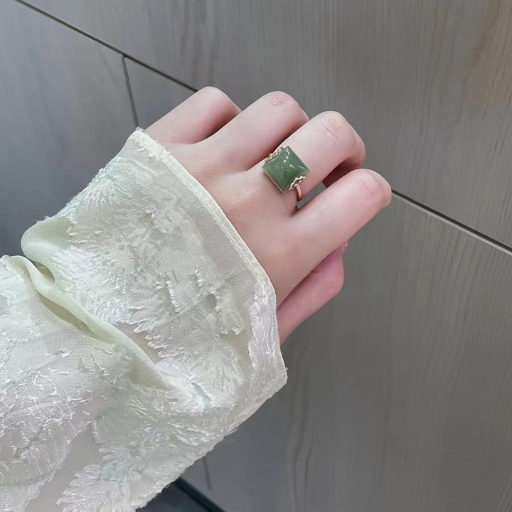 和田玉方糖戒指双边云朵戒深s925银镀金深湖水绿戒指精美好看推荐