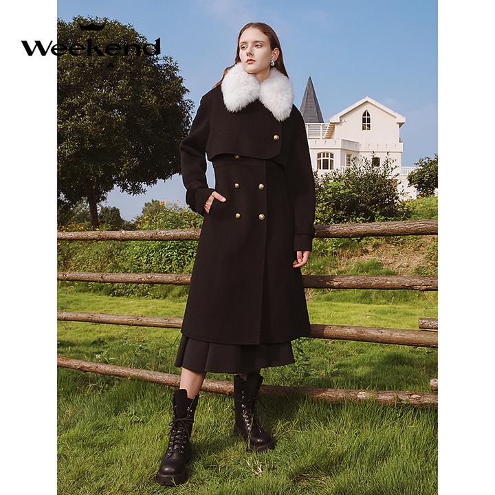 卓雅周末冬季新款可拆卸狐狸毛领绵羊毛呢外套大衣EJWDDU19