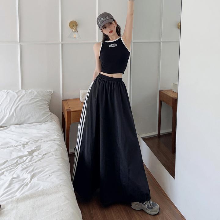 One-LG美式辣妹小众撞色印花背心设计感三条杠抽绳黑色伞裙两件套