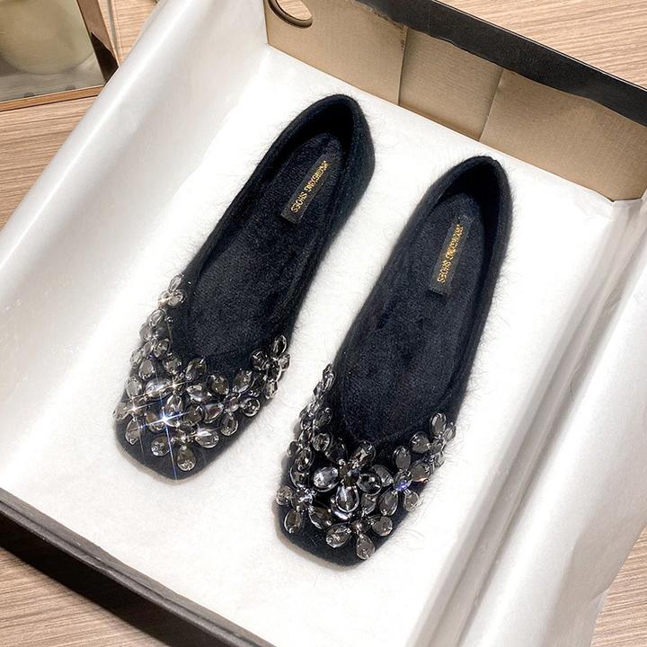 水钻毛毛鞋女秋冬外穿平底鞋加绒豆豆鞋一脚蹬软底单鞋女鞋