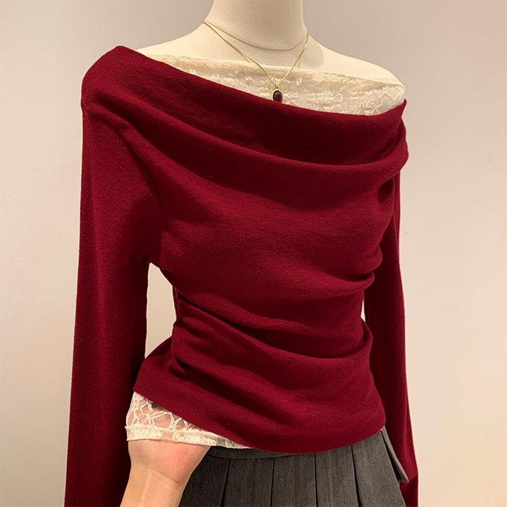 圣诞红氛围一字肩荡领蕾丝拼接上衣女秋冬修身针织长袖内搭打底衫