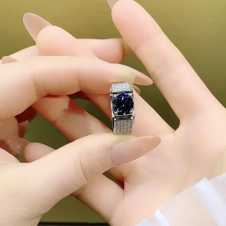 925银莫桑石戒指 海洋之心蓝色（中版满天星）男戒大气合成碳硅石