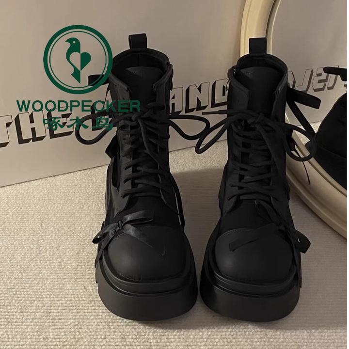 啄木鸟复古小众百搭圆头厚底马丁靴女2024秋季新款蝴蝶结拼色短靴