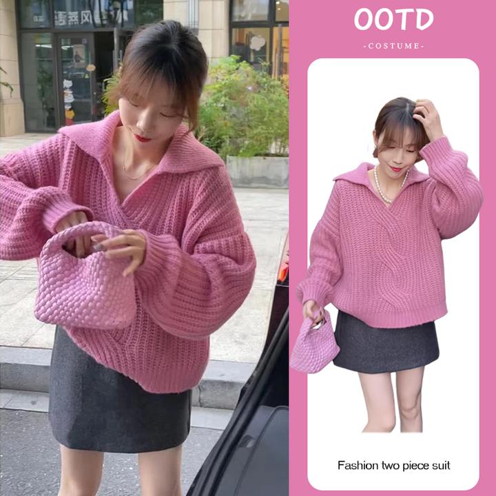 2025秋冬季新款一整套穿搭女设计感翻领针织毛衣高腰短裙两件套装