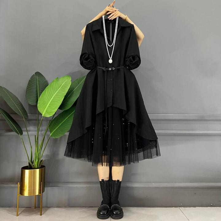 早秋微胖mm显瘦复古长袖中长款衬衫裙百搭气质韩系纱裙两件套2426