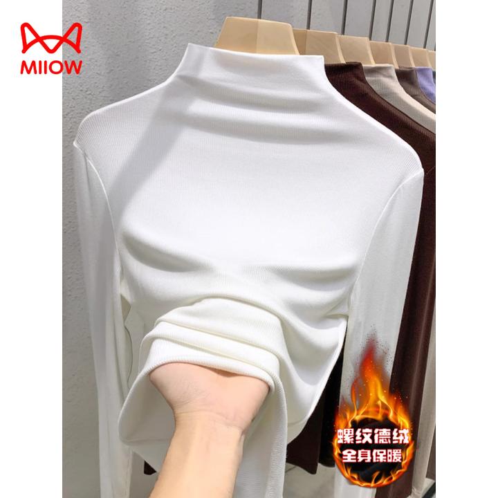 MiiOW/猫人螺纹半高领加绒加厚打底衫女内搭长袖T恤春秋冬季基础