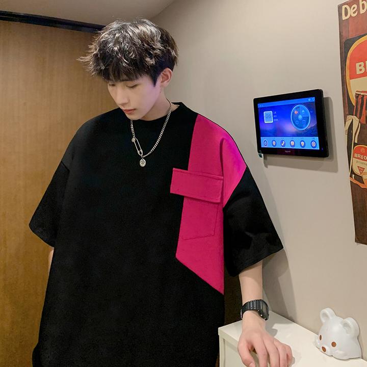 潮流大码撞色短袖t恤男款夏季潮牌宽松圆领半袖设计感小众半截袖