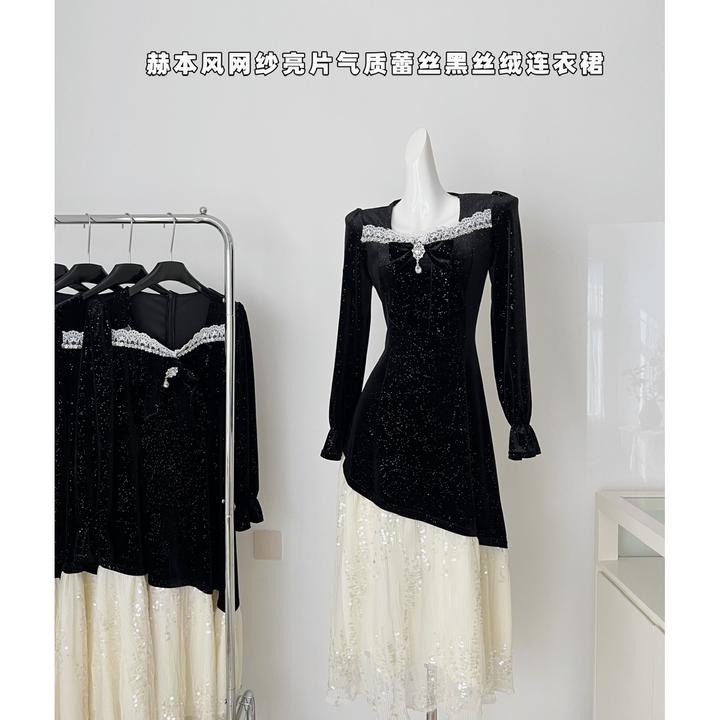 赫本风网纱亮片气质蕾丝黑丝绒连衣裙20C24C