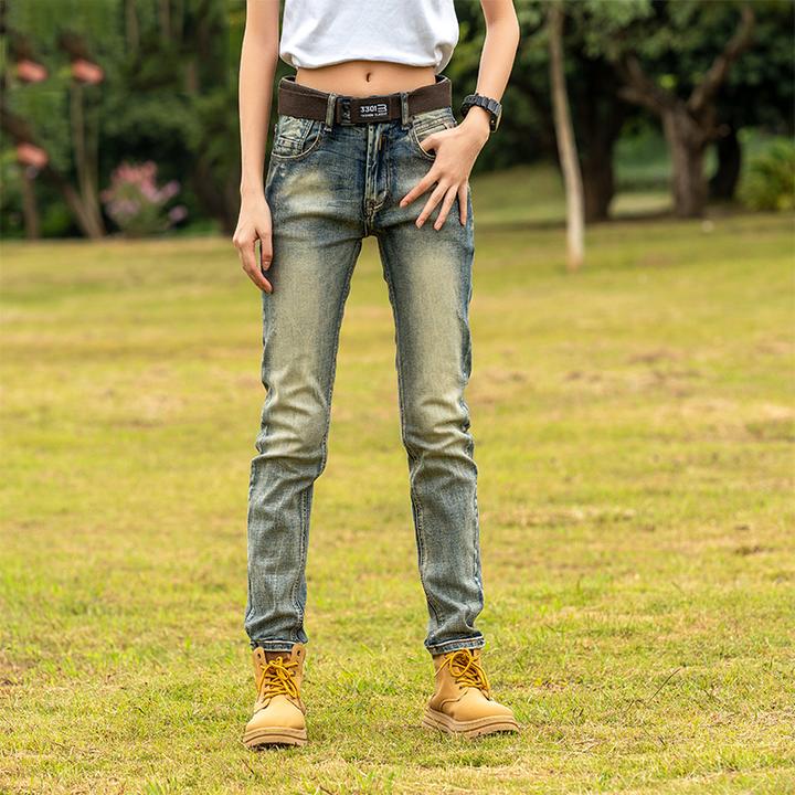 新款秋冬季高端复古牛仔裤男休闲百搭高腰怀旧加绒修身小直筒显瘦