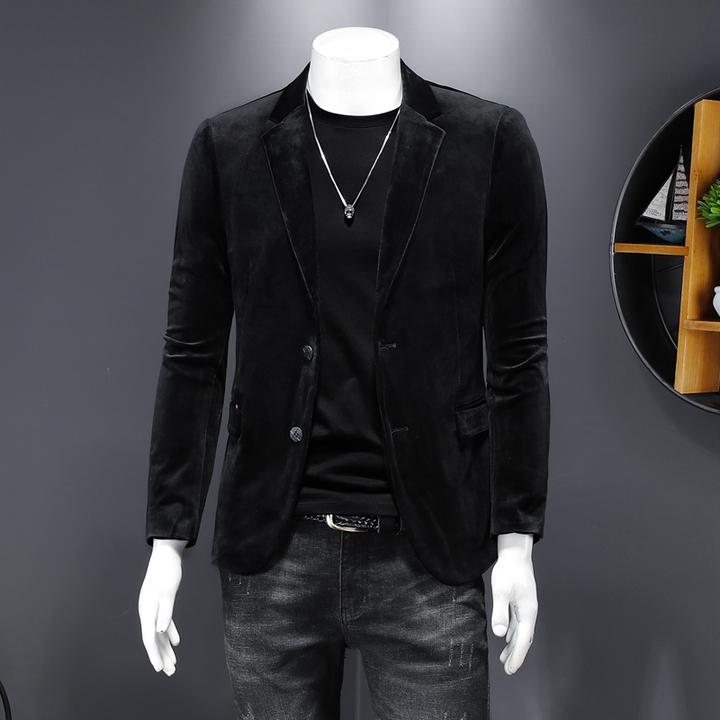 时尚百搭西服中青年修身翻领丝绒西服男士休闲韩版外套黑红色X4