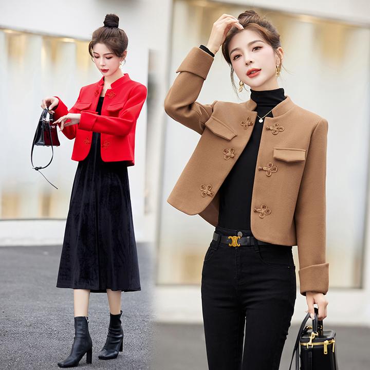 高品质！毛呢外套女短款2023年冬季新款新中式盘扣设计感上衣