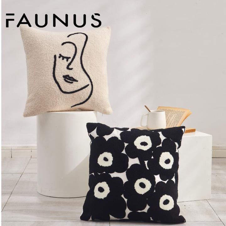 INS风奶油风现代简约黑白沙发抱枕轻奢毛绒客厅床头装饰刺绣靠枕