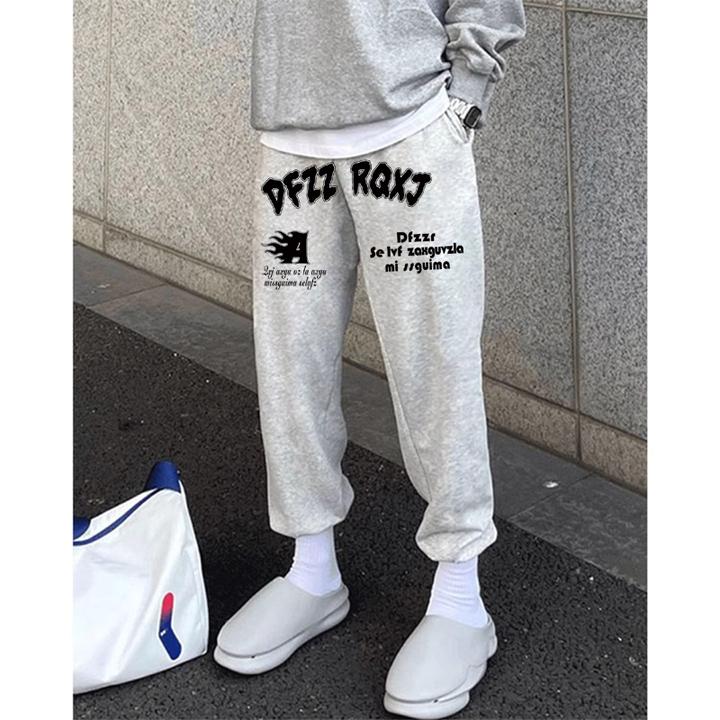 美式潮牌复古印花休闲宽松长裤秋季个性直筒阔腿抽绳卫裤男款