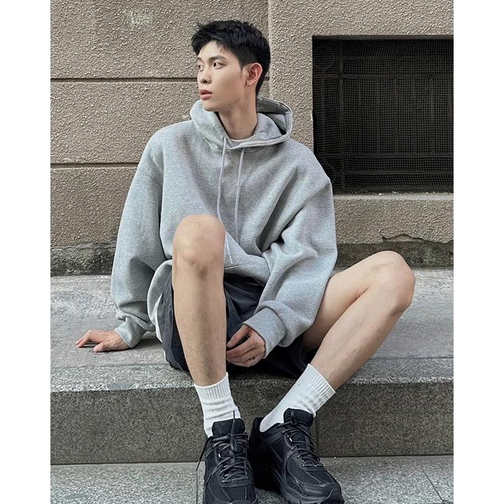 秋季简约风宽松潮牌纯色基础款连帽卫衣男款美式休闲薄款外套上衣