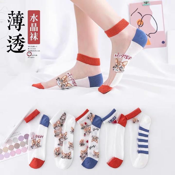 冰丝隐形女袜5双装春夏季女士卡丝袜小猫咪水晶玻璃丝浅口船袜